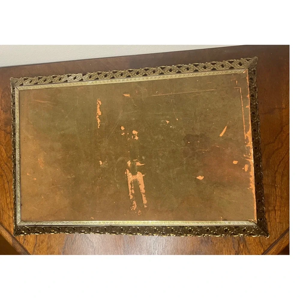 Vintage Mirrored Vanity Tray Gold Filigree Metal Ornate Hollywood Regency 15x10